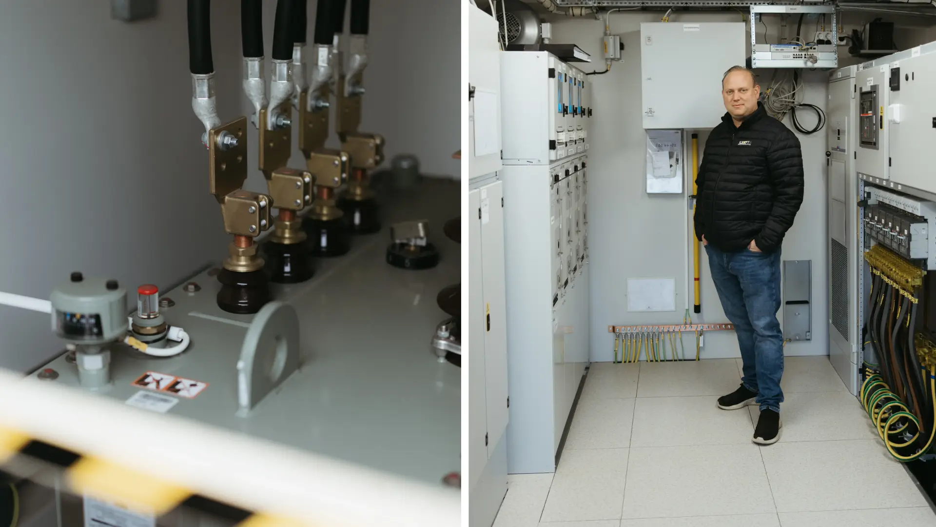 Person standing inside a Holtabs secondary substation, with a transformer visibl